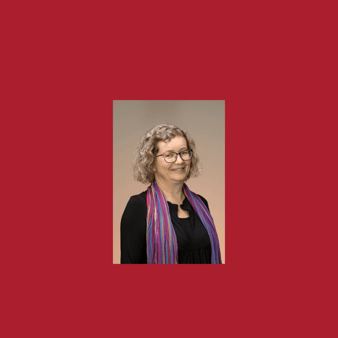 Head shot of Susan Lawrence against red background with Heritage Council logo