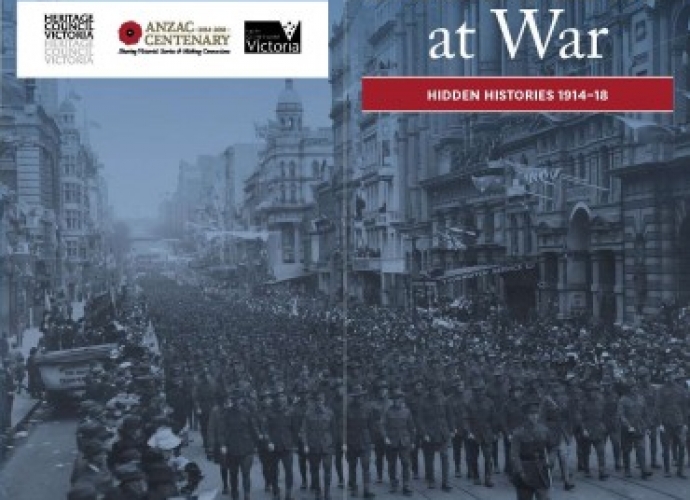 Melbourne at war brochure cover showing soldiers marching down a city street